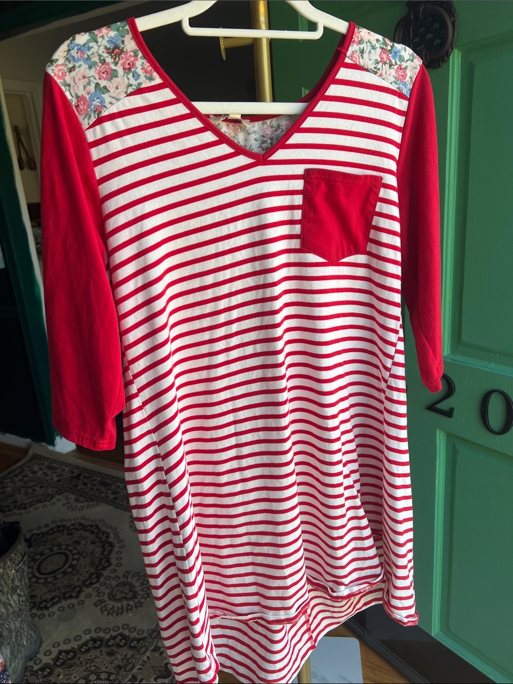 Umgee Red and White Striped Tunic with Floral Yoke medium